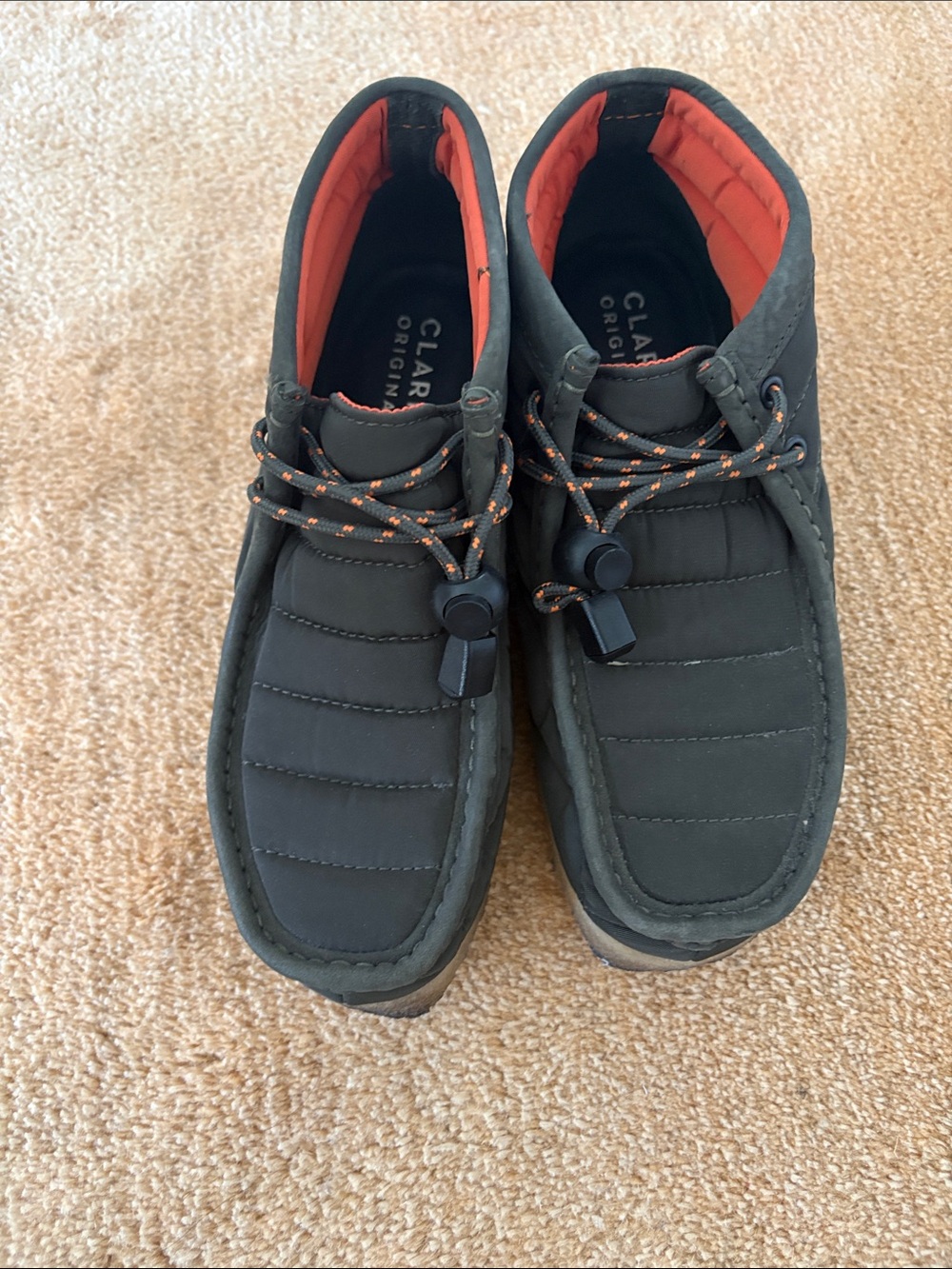 Clarks Khaki Quilted Wallabee Boots with Orange Lining